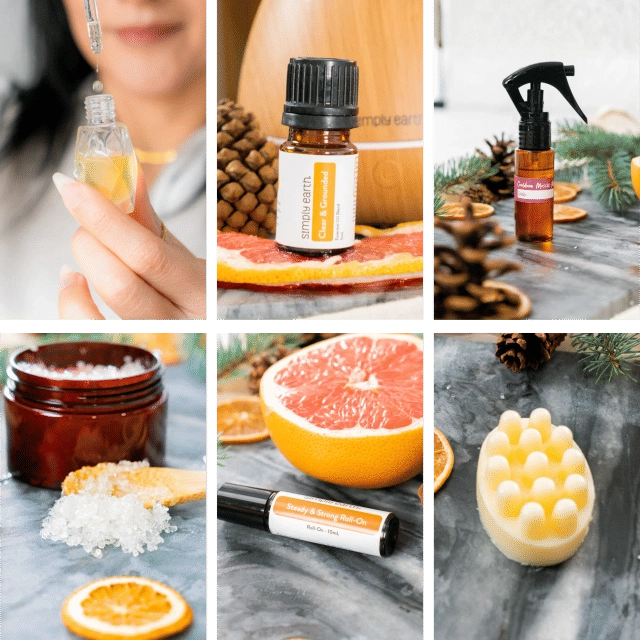 Collage of recipe photos: oils, a jar of salts, a grapefruit and a bar of soap