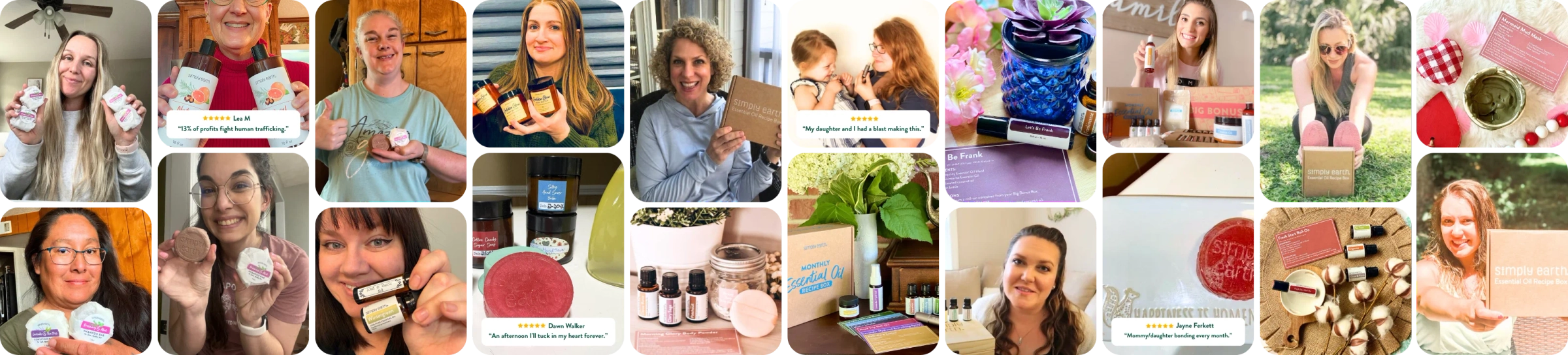 A collage of many smiling Simply Earth makers holding what they made