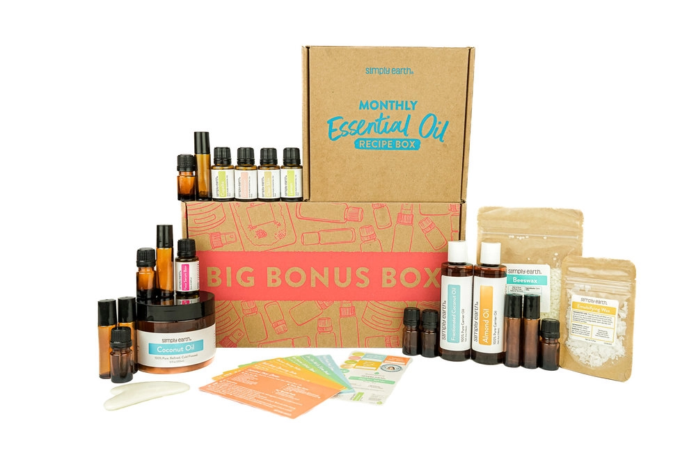 The Big Bonus Box with oils, recipe cards and supplies